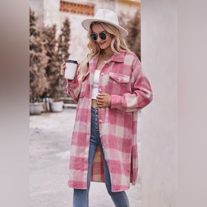 Pink Plaid Pattern Classic Long Woolen Coat